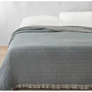 King Reversible Textured Cotton Chambray Coverlet Dark Teal Blue - Casaluna